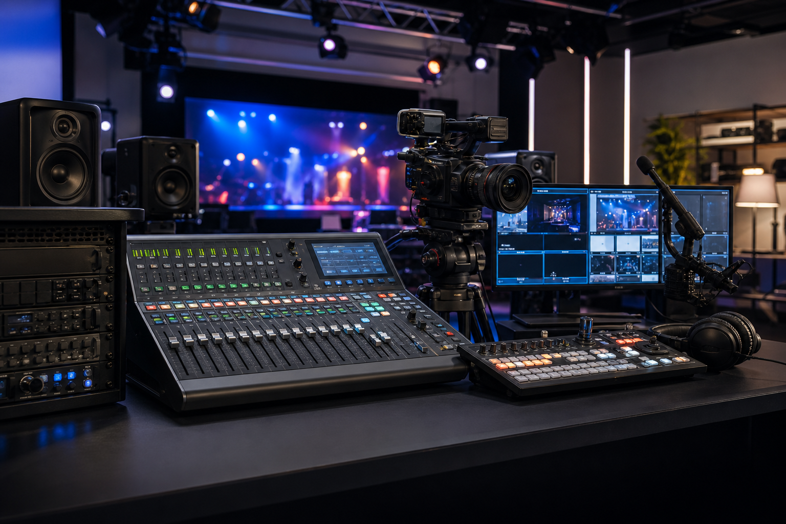 Professional audio mixing, broadcast camera, and video production equipment