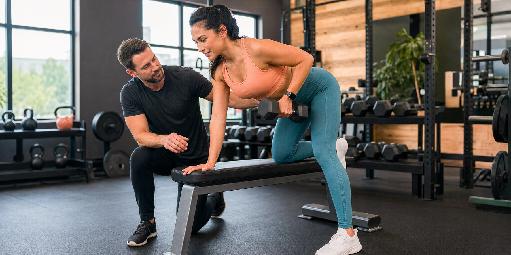A personal trainer coaching a gym member through a strength-training exercise