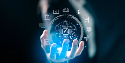 Open hand holding a glowing AI chip ringed by business app icons