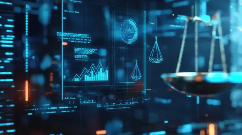 Digital scales of justice beside glowing charts and data panels