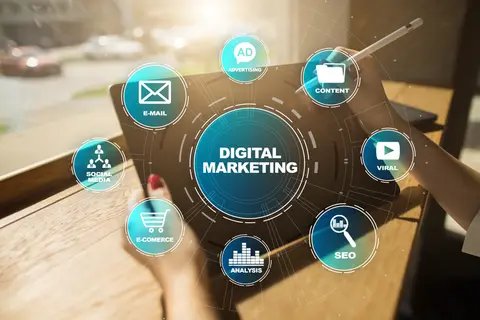 Tablet showing a digital marketing diagram that links email, SEO, social media, content and analytics icons