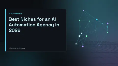 Title card reading Best Niches for an AI Automation Agency in 2026 beside a glowing cyan node network on a dark grid