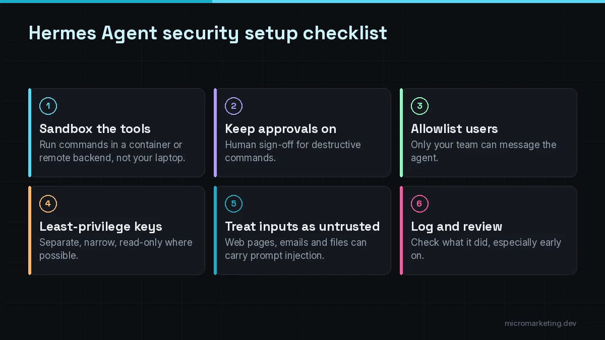 Hermes Agent security setup checklist: sandboxed backend, command approval on, user allowlists, least-privilege keys, and logs reviewed